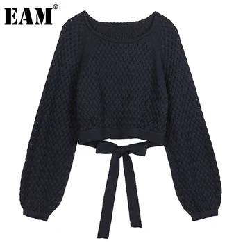 

[EAM] Apricot Bandage Knitting Sweater Loose Fit Round Neck Long Sleeve Women Pullovers New Fashion Autumn Winter 2020 1DB854