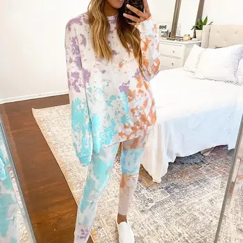 

WEPBEL Women Clothing Set Printing 2 Piece Female Summer Long-Sleeved Top + High Waist Elastic Pants Home Wear Clothes Set