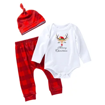 

Christmas Toddler Baby 3PCS Outfits Set Clothes Long Sleeve Christmas Deer Print Romper Tops + Red Plaid Plants Sets Navidad #Y1