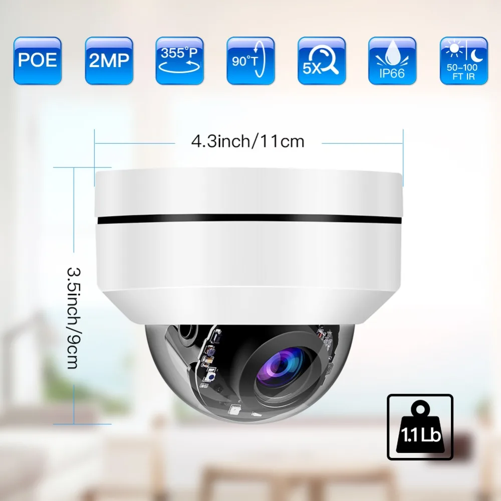 

TOMLOV 2MP PTZ HD IP Camera Outdoor POE Security Dome Camera 5X Optical Zoom Onvif Network IR Night Vision IP66 Waterproof Ipcam