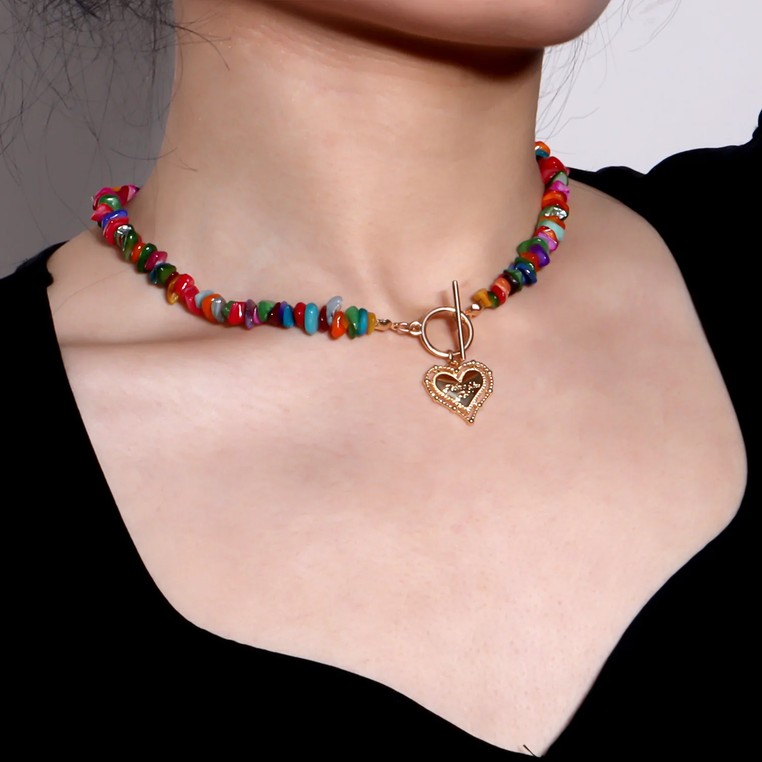 Trendy Natural Stone Chain Necklace Colorful Irregular Stones Heart Pendant Necklace for Women Ot Buckle 2021 Bohemian Jewelry