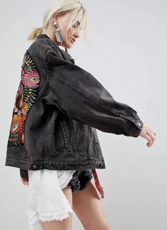 price reduction Colorful Floral Embroidered Denim Jacket Oversized Long Sleeve Fashion Woman Jacket Coat Multi Flor