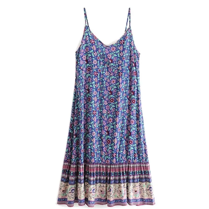 blue sling dress Богемное расположение синий цветочный принт слинг качели платье для отдыха на пляже женщины этнические спинки свободные длинные летние платья Vestidos - Цвет: blue sling dress