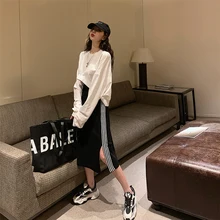 Осень-зима, Женская длинная юбка для похудения, белая полосатая вязаная юбка с разрезом, сексуальная Женская эластичная юбка с высокой талией, посылка на бедра