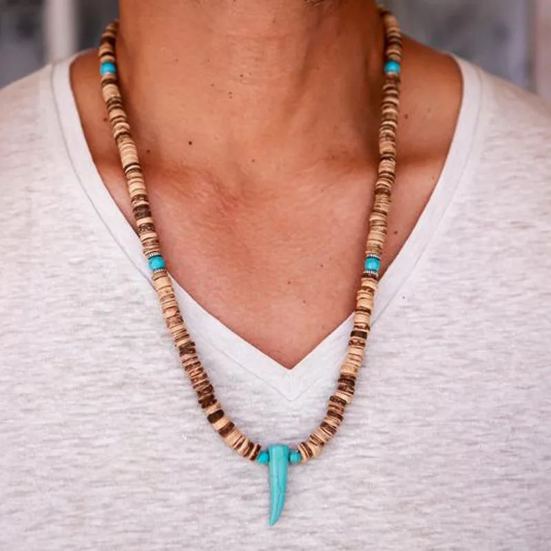 

Men's Retro OX Horn Pendant Necklace Natural Coconut Shell Beaded Short Necklace Men's Turquoises Feather Men Necklaces