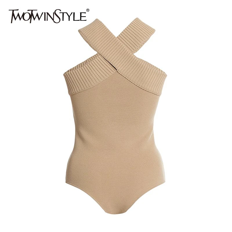 TWOTWINSTYLE Sexy Cross Bodysuit For Women Sleeveless High Waist Slim Knitted Jumpsuits