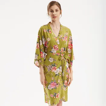 

Bride Bridesmaid Wedding Robe Sleepwear Women Cotton Print Flower Kimono Bathrobe Gown Half Sleeve Oversize Nightgown Home Dress