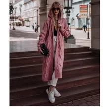 Meihuida, зимний женский Повседневный однотонный длинный женский свитер с открытым стежком, вязаный кардиган, свободная верхняя одежда с капюшоном