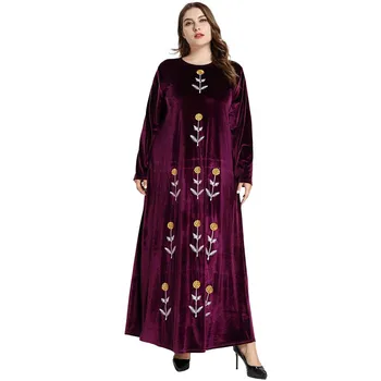 

Long SLeeve Floral Embroidery Women Plus Size Dress Elegant Muslim Long Dresses Casual Big Swing Gold Velvet Maxi Dress TA9143