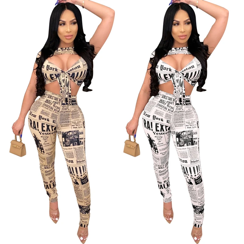 

Echoine 2020 Women Newspaper Print Sets Summer Front Tie StraplessTop+Pencil Pants Suit Two Piece Set Sporty 2 pcs High Street