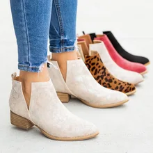 Slip On Women Ankle Boots Pointed Toe PU Leather Low Heels Shoes Woman Booties Sexy High Heels Size 35-43