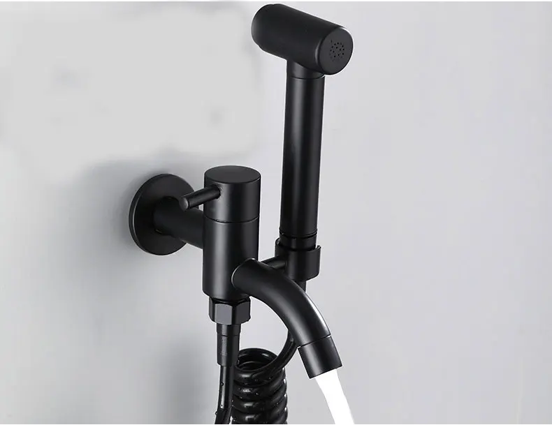 Description Picture 2 of itemBlack single cold faucet with spray gun for household balcony mop pool flush toilet faucet one in and two out SZ 1080