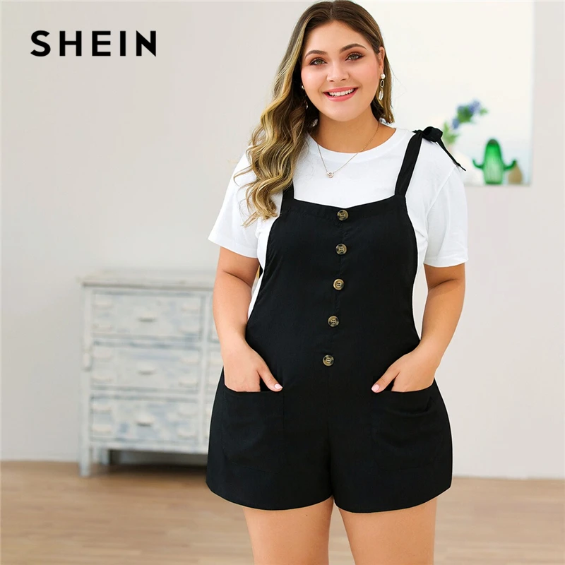 

SHEIN Plus Size Black Tie Shoulder Button Front Pocket Detail Romper Women Summer Sleeveless Straps Solid Casual Playsuits