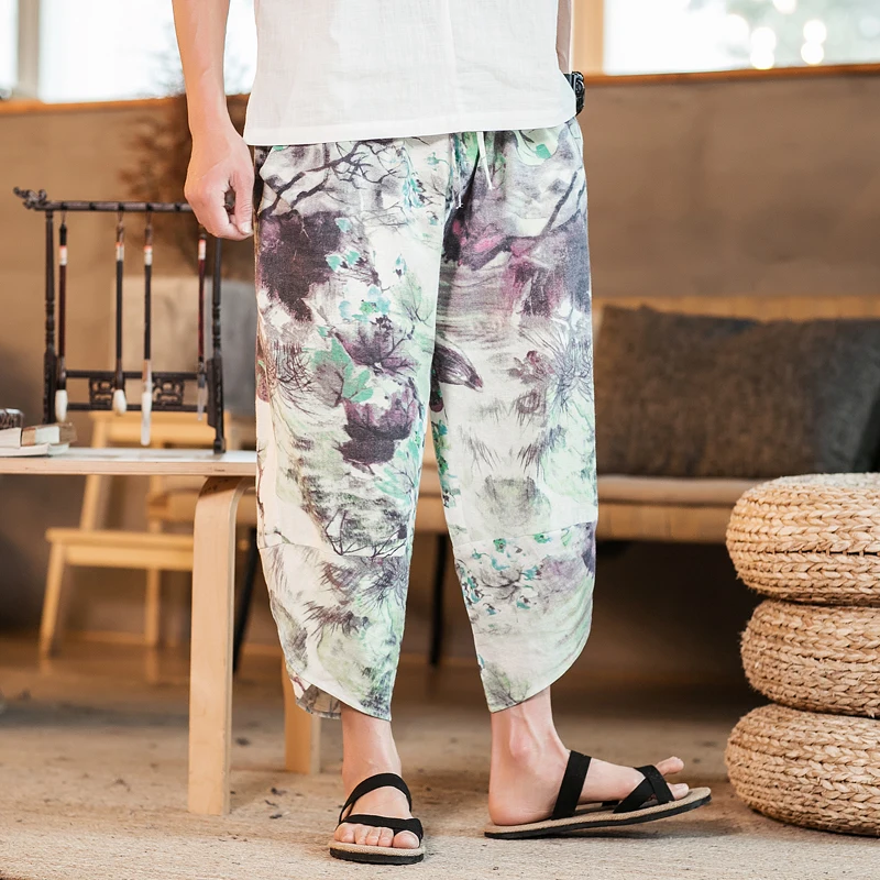 Летние мужские брюки из хлопка и льна с принтом Tie Dye в стиле ретро, тонкие укороченные брюки, свободные пляжные винтажные Свободные Мужские штаны для бега