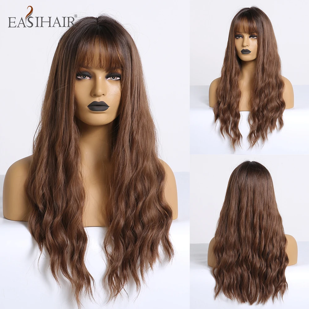 

EASIHAIR Brown Omber Long Wave Synthetic Wigs for Women Afro Heat Resistant Hair Cosplay Wigs Heat Resistant