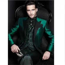 Свадебный зеленый атласный мужской костюм на заказ смокинги жениха последний дизайн в обтяжку Блейзер 3 шт.(куртка+ брюки+ жилет