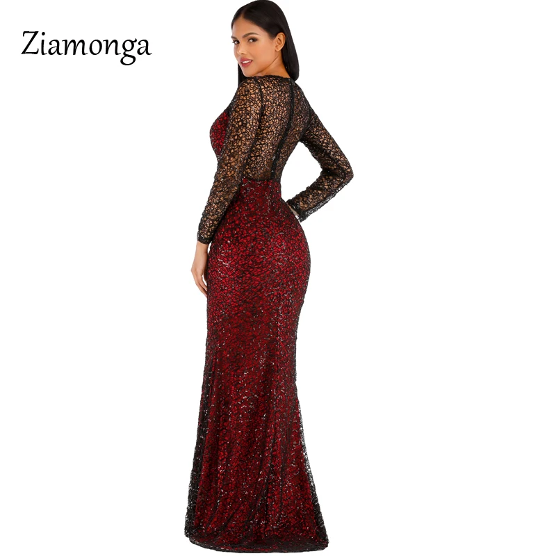 Ziamonga винтажное красное платье русалки с длинным рукавом и блестками, блестящие Элегантные платья размера плюс, блестящие вечерние длинные платья для женщин