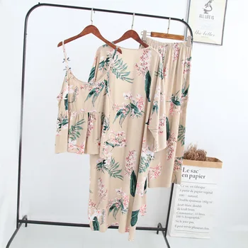 

2019 Summer New three pieces Women Robe bathrobe Set Robe+Camisole+Pants Loose home Leisure wear female Soft Home Suit