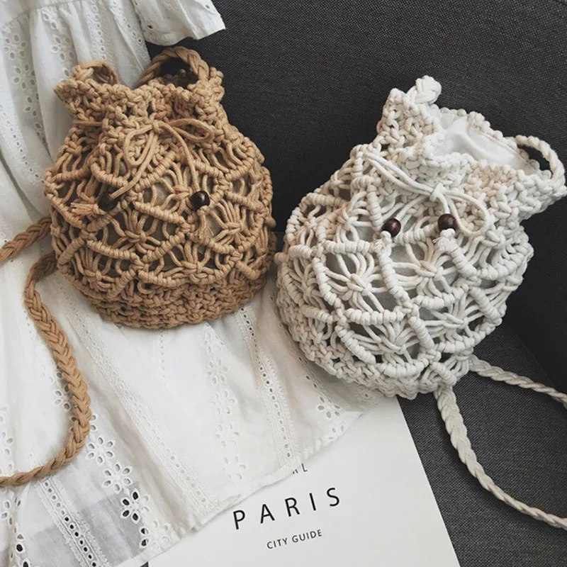 

New Style Women Drawstring Bucket Bag Straw Shoulder Summer Beach Woven PU Bags