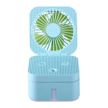 

3 in 1 Fan Humidifier USB Mute Small Fan Table Portable Fan Glowing Air Cooling Folding Humidifier Light Blue.