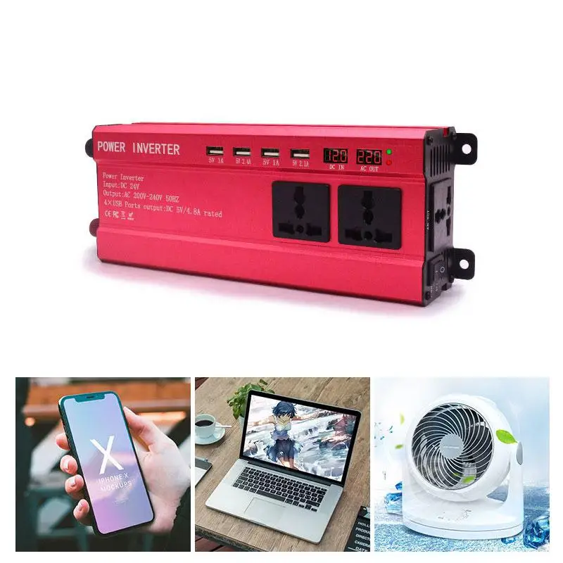 

2000W Solar Car Sine Wave Inverter Aluminum Alloy 4.8A 4 USB Interface LED DC 12V To AC 220V Converter