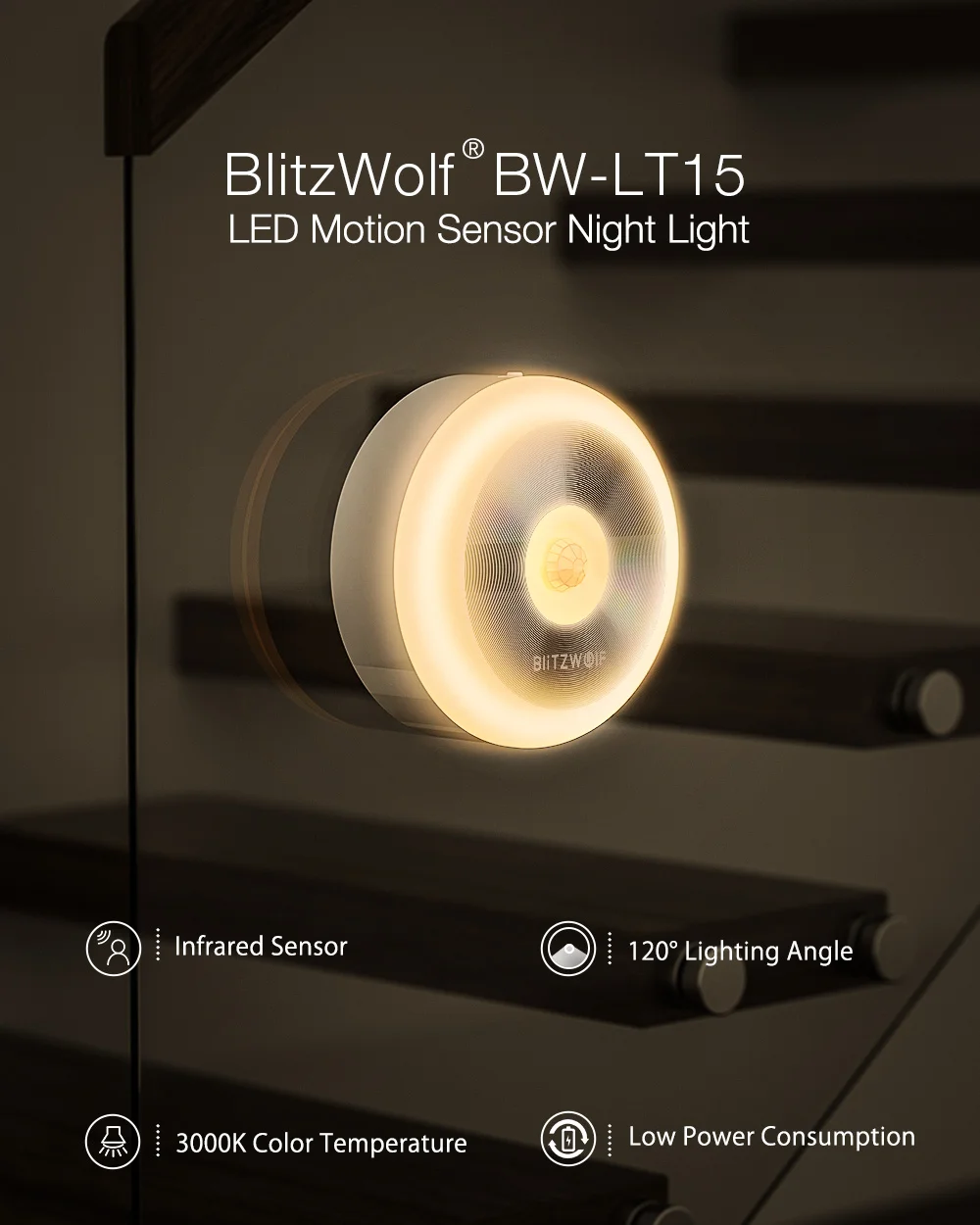 BlitzWolf BW-LT15, умный контроль, ночные светильники, светодиодный инфракрасный датчик движения PIR, 3000 K, цветовая температура, угол освещения 120 градусов