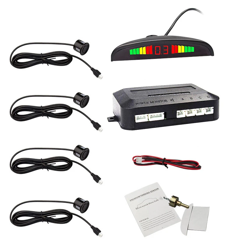 Eunavi 1set de Parktronic Kit de sensores de estacionamiento LED pantalla 4 sensores para todos los coches inversa asistencia Sistema de Monitor Radar de respaldo