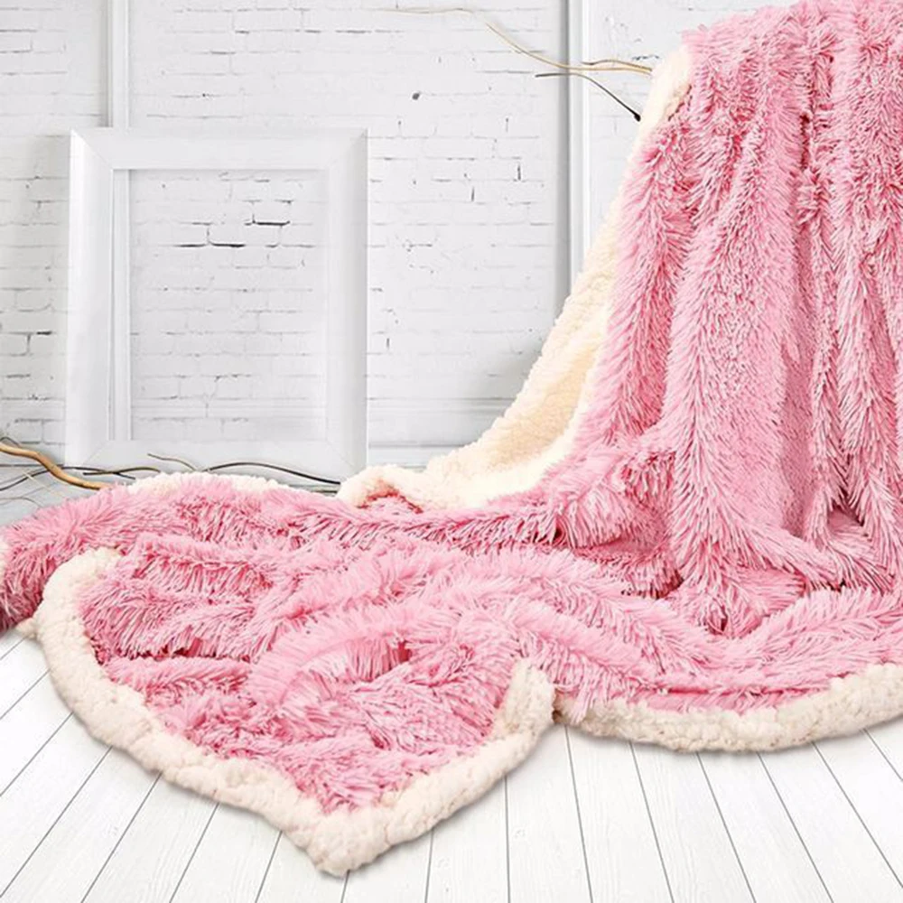 Pink Одеяло из искусственного меха, Двухслойное покрывало, покрывало для кровати, полиэфирное одеяло, рождественский подарок, гостиничный спальный диван, ягненок, кашемир - Цвет: Pink