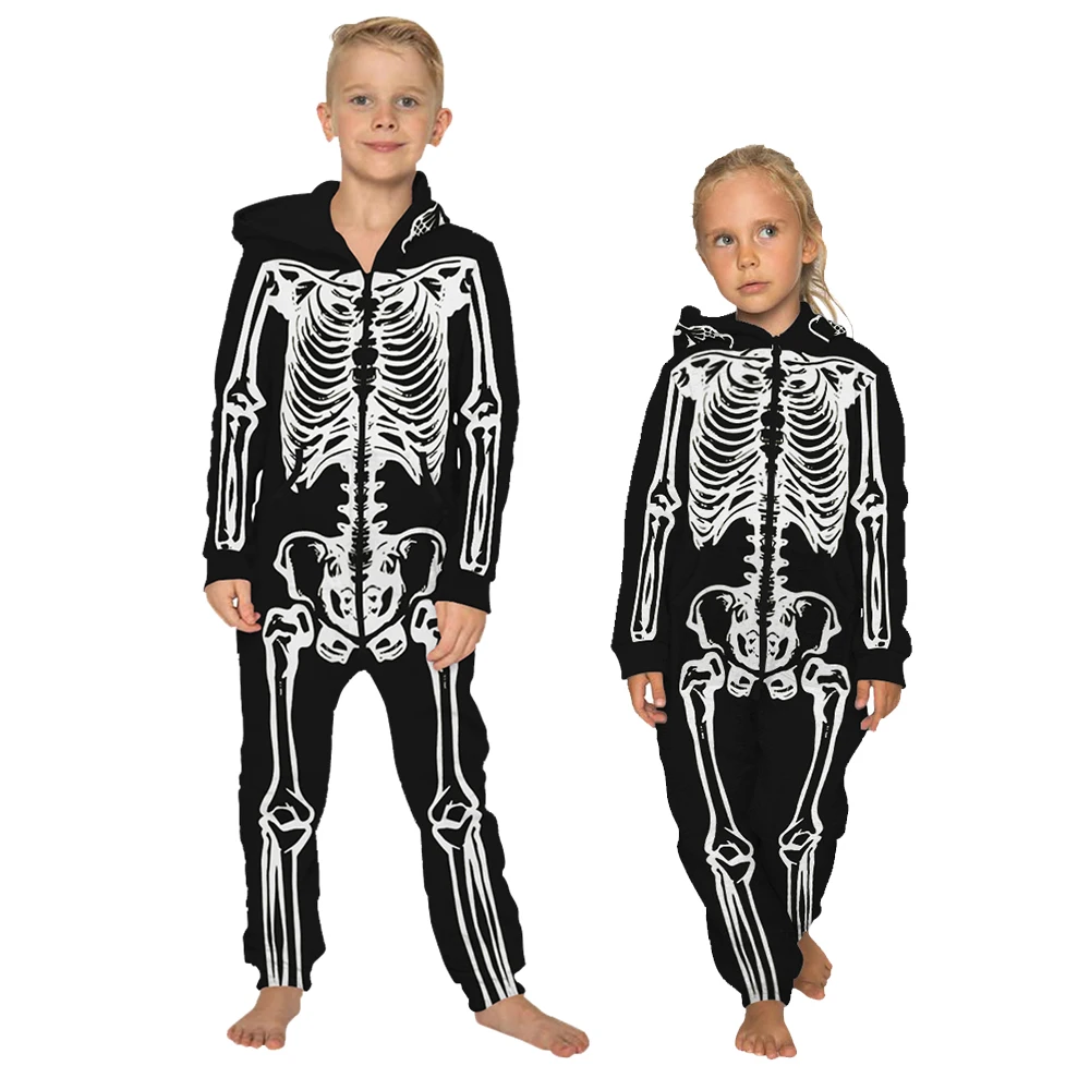 

2019 Winter New Arrival Hooded Loose Leisure Full Length Zipper Closure Children Pajamas Skeleton Print Thickness Jumpsuits