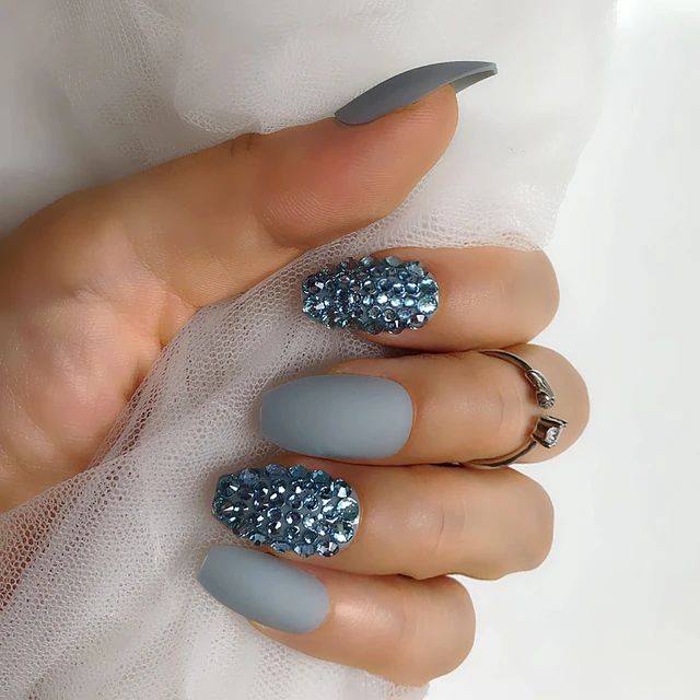 Press On Nails Bling Custom Full Rhinestones Decoration Design Coffin Matte False Nails Wine Red Uv Gel Nail Tips 24pcs False Nails Aliexpress