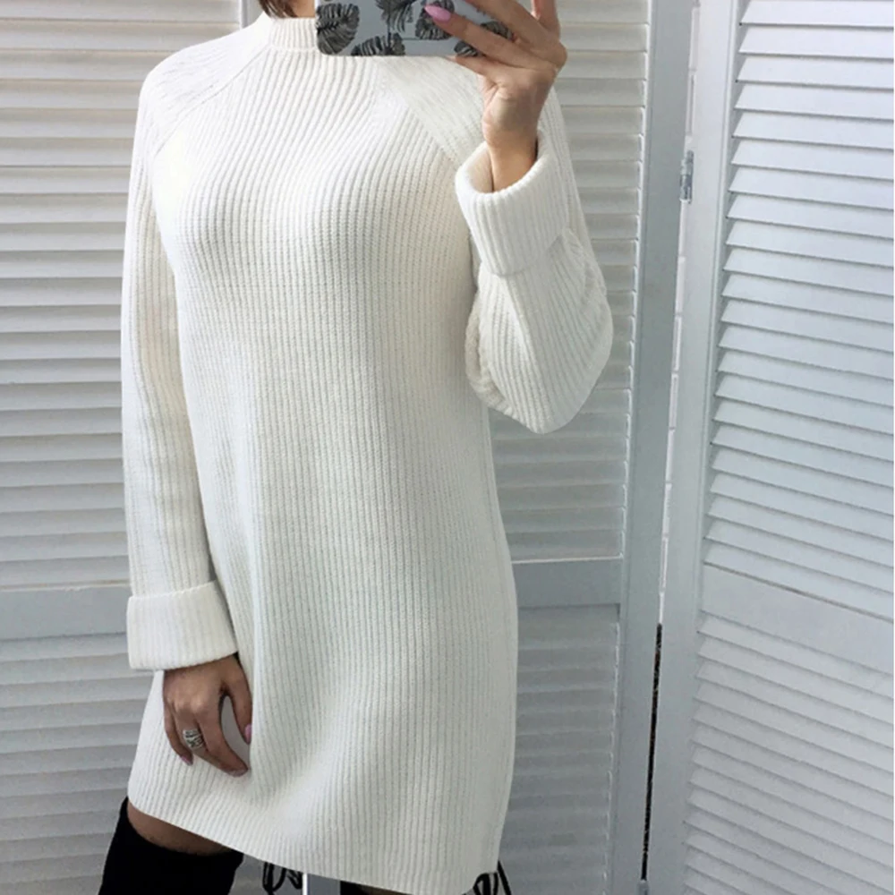 

Autumn Solid Knitted Cotton Sweater Dresses Women Fashion Loose O-neck Pullover Female Knitted Dress Vestidos Feminino