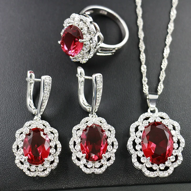 Bague Ringen, цветок, серебро 925, ювелирные наборы для женщин, овальные драгоценные камни, цитрин, рубин, кольцо, серьги, ожерелье, костюм из трех частей, подарок
