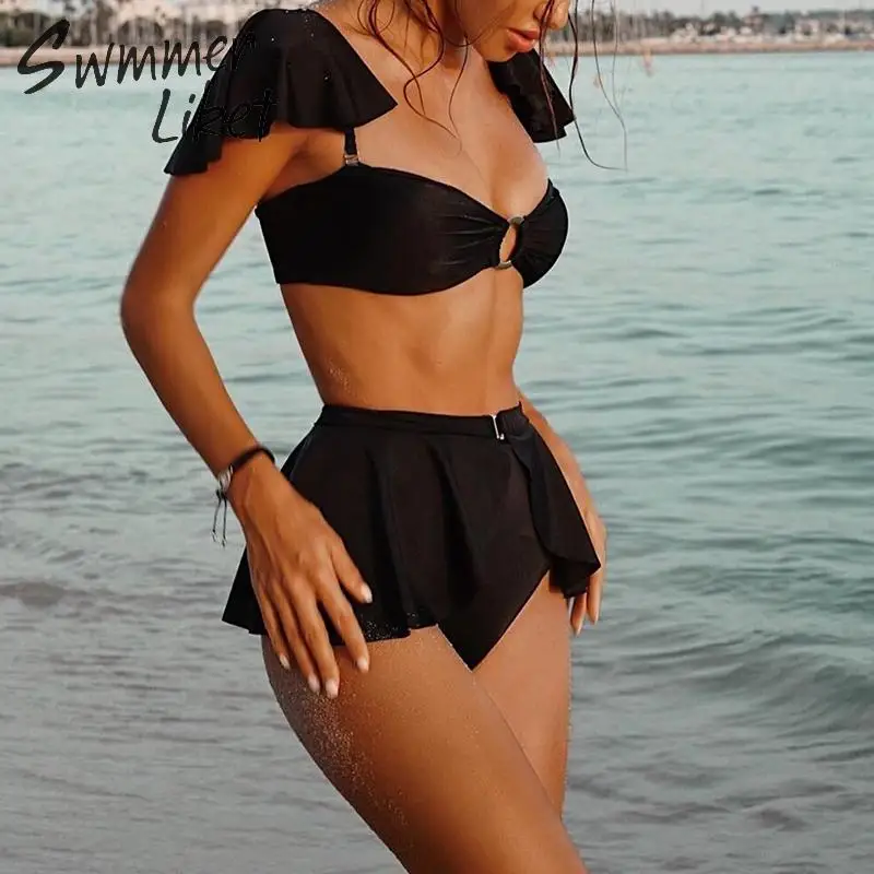 negros con hombros descubiertos para mujer, con traje de baño Sexy Push-up, bañador de cintura alta para mujer, conjunto de bikini con volantes 2019 - AliExpress