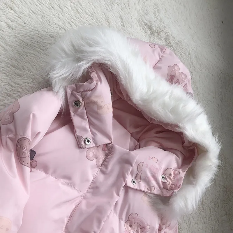 Новинка зимы, женское милое пальто в стиле Лолиты, розовый, белый, с рисунком медведя, куртки с рисунком, Kawaii, милый наряд для девочки, парка с длинным капюшоном
