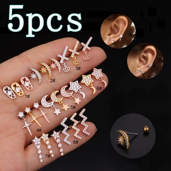 

1/5pcs Gold Ear Rings Helix Cartilage Conch Tragus Labret Septum Earrings Studs Drop Dangle Wave Piercing Set Body Jewelry H6
