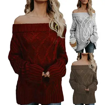 

Winter Women Solid Color Loose Knitted Off Shoulder Oversized Sweater Pullover women sweater clothing
