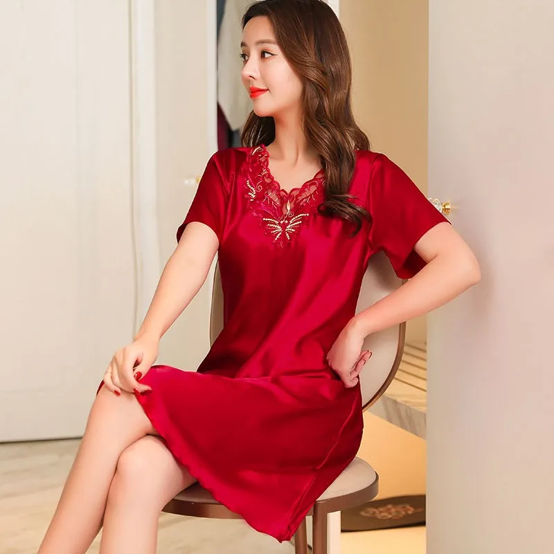 Silky Satin Nightdress Women Sleepwear Nightgown Lace Intimate Lingerie Plus Size Sexy Nightwear Sleep Dress Soft Home Dress