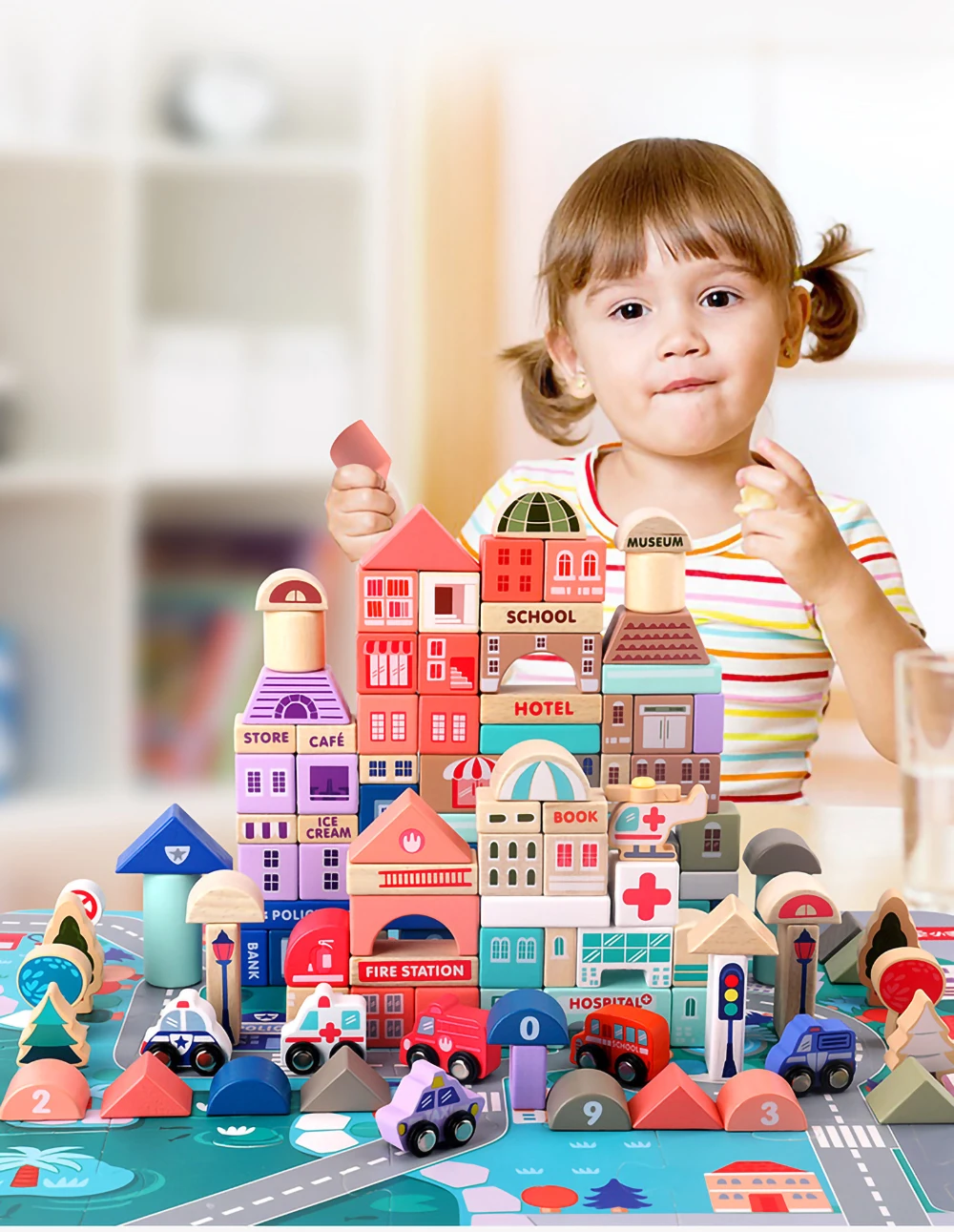 Высокое качество, 115 шт., деревянные строительные блоки Macaron City, большие частицы, детские развивающие игрушки, детская игрушка для боя, блок, подарки