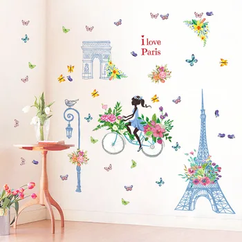 

I Love Paris Blue Tower Rider Girl Large Wall Stickers Home Decor Living Room Decal Diy Art Mural Wallpaper Removable Sticker