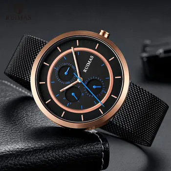 

RUIMAS 2019 Luxury Watch Men Week Date Month Quartz Wrist Watches Male Milanese Mesh Bracelet Top Brand Army Clock Relogio RS569