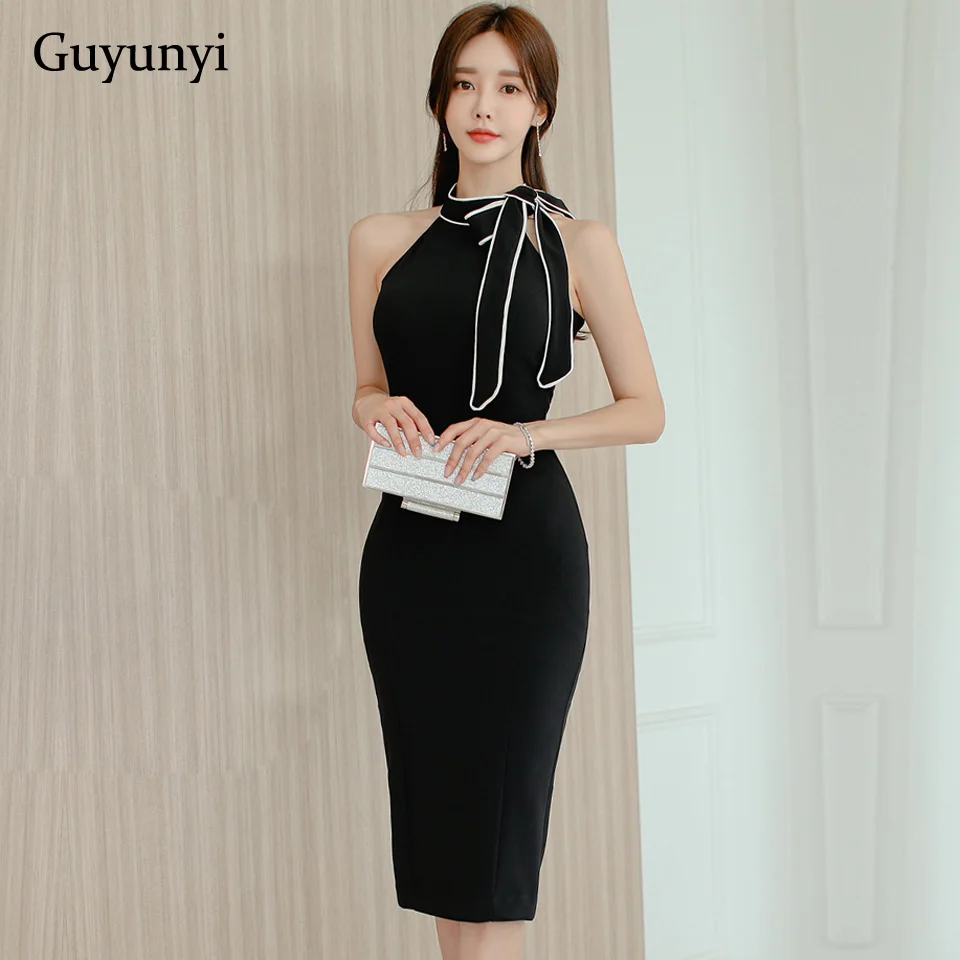 Black Elegant Office Dress 2022 Summer Simple Stand Neck Tie A Bow