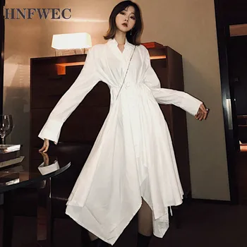 

2020 new spring street styles women fashion clothing turn-down collar full sleeves high waist asymmetrical shirt dress V392