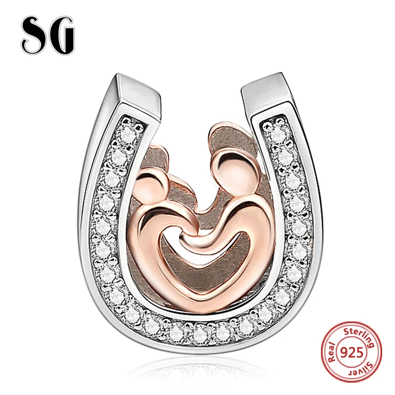 SG 925 Серебро DIY подковы Подвески мама и ребенок руки в бусины ручной работы с CZ подходят pandora Браслет Модные Ювелирные изделия Подарки