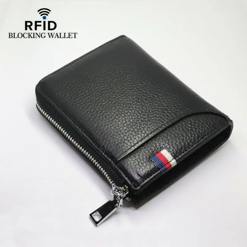Натуральная кожа мужской кошелек на молнии RFID Блокировка ID держатель для карт