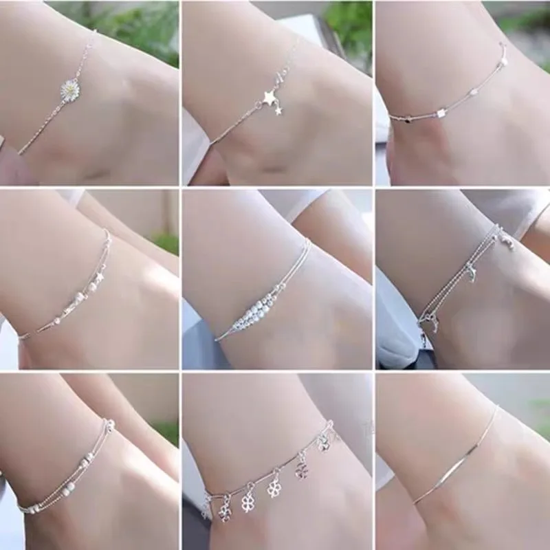 925 Sterling Silver Shiny Chains Anklet 