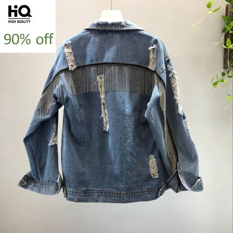 

Tassel Chain Denim Jacket Womens Frayed Hole Fashion Streetwear Lapel Short Jean Coat Brand Casual Blue Harajuku Overcoat Autumn