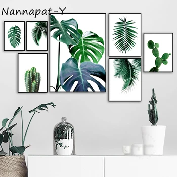 

Modern Home Decoration Fresh Green Cactus Big Tropical Leaves Canvas Painting Plants Nordic Posters And Prints Wall Art Picture