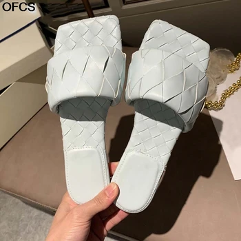 

Summer Flat Women Slippers Casual Beach Flip Flops 2020 Newest Fashion PU Leather Knitted Slippers Open Toe Slide Sandals Shoes