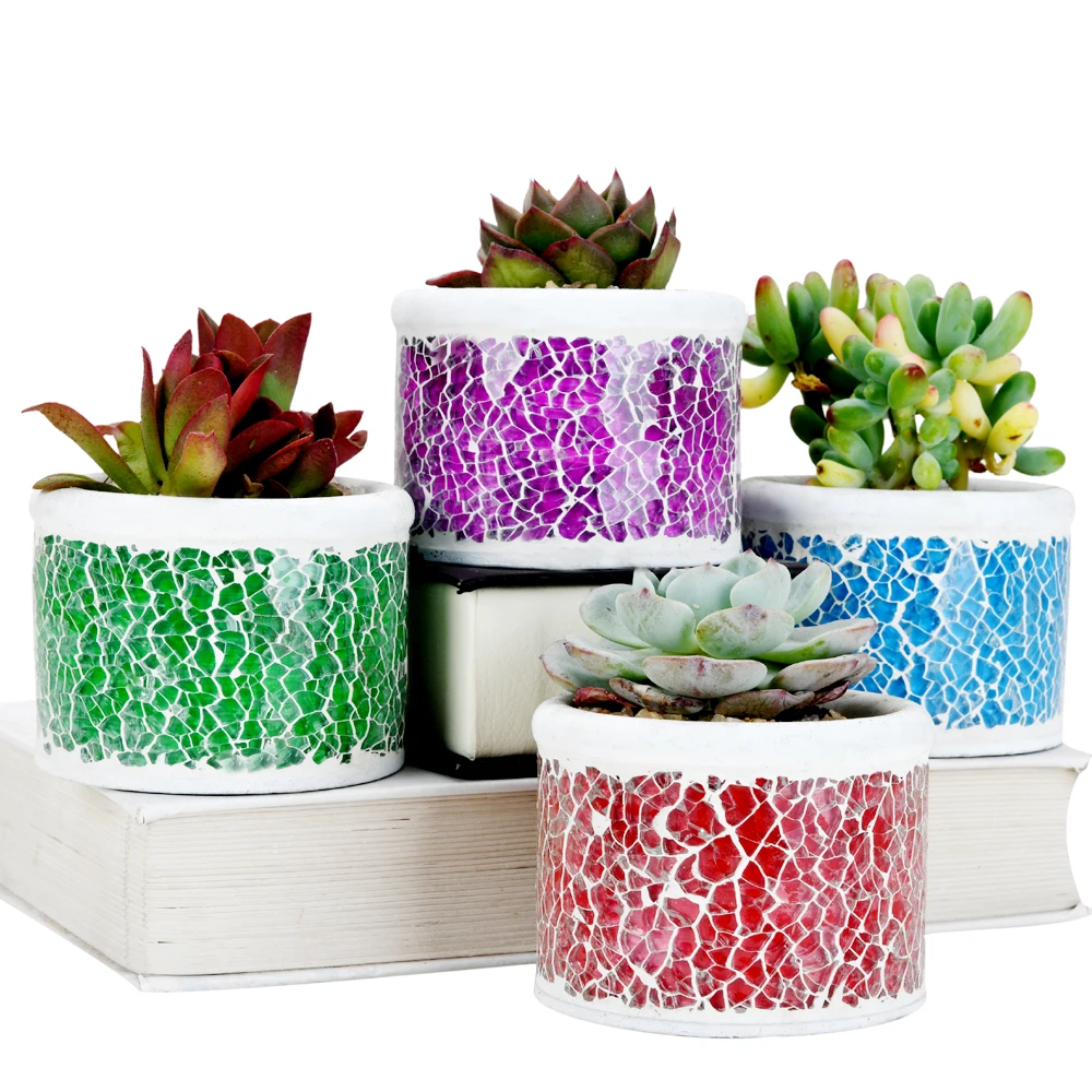 Mosaic Glassic Cement Succulent Cactus Planter Set of 4,Pretty Plants/Flower Pot Tiny Flower Plant Containers Perfect Gift Idea