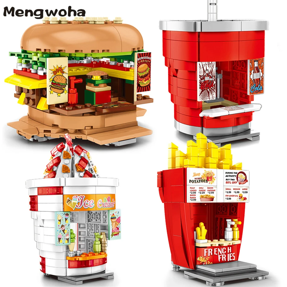 

City street view building blocks Ice cream Hamburger Cola drinking Shop Legoingly Restaurant bricks figures Toys for children